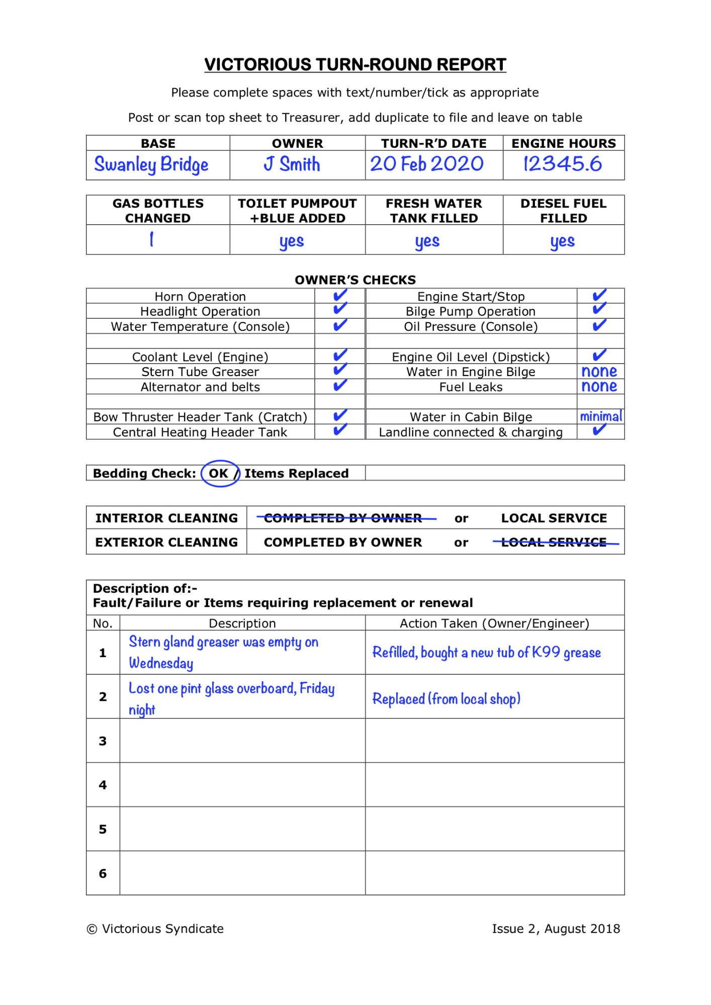 Example of a completed Turn-Round Sheet